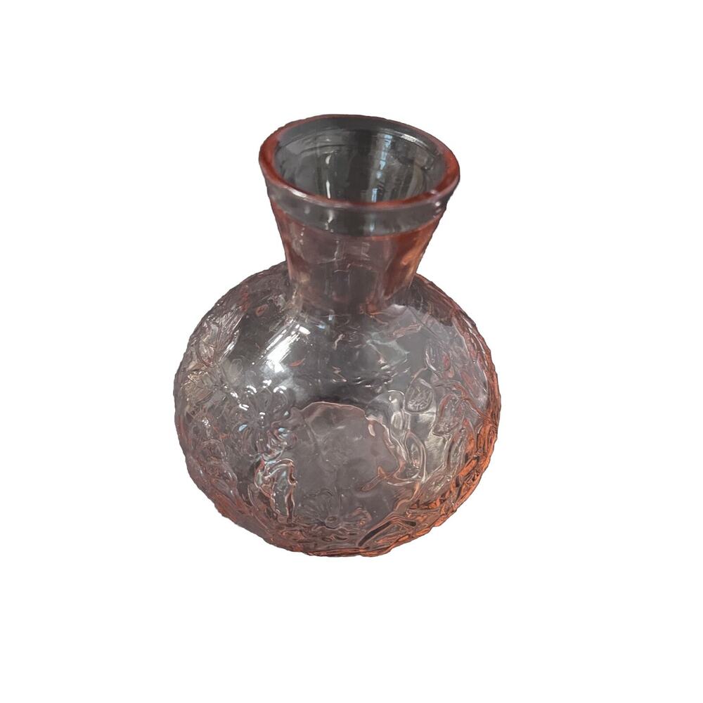 Vintage Pink Depression Glass Floral Bottle Bulb Vase 6” Tall Impressed